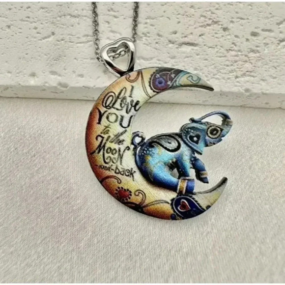 Kids Fancy Elephant on the Moon with Love Lettering Pendant Fashion Necklace - Picture 4 of 4